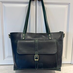 Szöne Leather Tote Bag Distressed Green Large Work Shoulder Bag